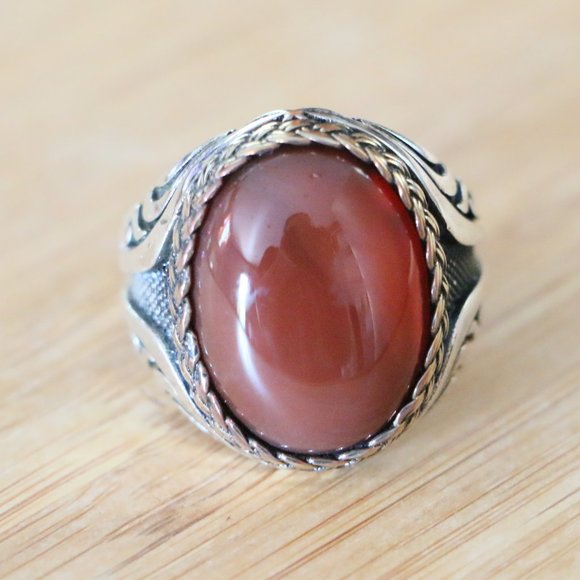 925 Sterling Silver Men's Ring with Red Agate Stone - Picture 4 of 14